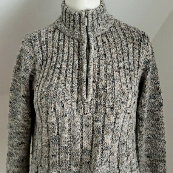 Liz Claiborne Ribbed Marbled Tan & Gray Knit 1/4 Zip Sweater, Size M - Picture 3 of 16